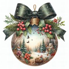 a christmas ornament with holly, berries and bells on the top is hanging from a ribbon