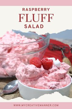 raspberry fluff salad in a bowl with two raspberries on top