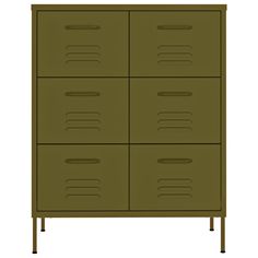 a green cabinet with four drawers and two legs on each side, in front of a white background