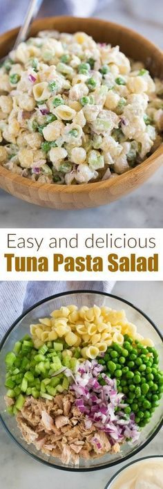 pasta salad with tuna, peas and cheese in a bowl on the side is shown