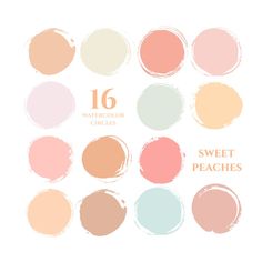 the sweet peaches color palette is shown in different shades and sizes, including pinks,