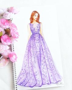 a drawing of a woman in a purple dress next to pink flowers and a spiral notebook