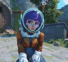 the character in overwatch is wearing a helmet and holding her hands on her knees