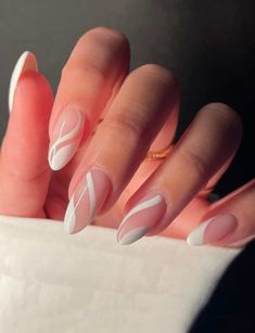 Transform Your Nails with 24pcs Long Almond Minimalist White French Lines Fake Nail & 1sheet Tape & 1pc Nail File Graduation Nails, Nagel Tips, Casual Nails, Almond Nails Designs, Elegant Nails, Classy Nails, Chic Nails, Nail Arts, Trendy Nails