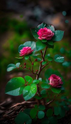 two pink roses with green leaves and water droplets on them, sitting in the grass