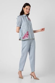 Ice blue shaded button down shirt with floral hand screen print. Paired with a pant. - Aza Fashions Spring Workwear Pant Set With Button-up, Spring Button-up Pant Set For Work, Light Blue Short Sleeve Sets For Spring, Light Blue Short Sleeve Spring Sets, Spring Casual Button-up Pant Set, Blue Pant Set For Spring Workwear, Casual Spring Button-up Pant Set, Blue Floral Embroidery Pant Set For Spring, Blue Floral Embroidered Pant Set For Spring