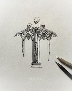 a pencil drawing of an ornate structure with skulls on it