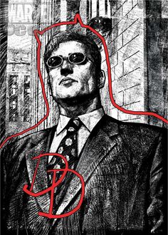 a drawing of a man in a suit and sunglasses