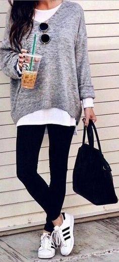 Womens Grey Sweater, Basic Leggings, Leggings Outfit, Summer Work Outfits, Casual Day Outfits, Women Sweater, Cute Fall Outfits