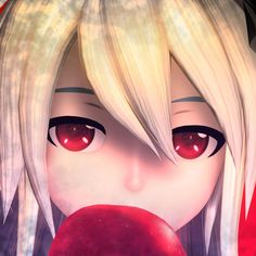 an anime character with red eyes and long blonde hair, holding an apple in front of her face