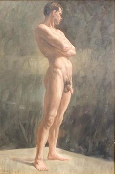 a painting of a naked man standing in front of a gray background with his arms crossed