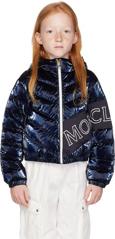 Down-filled quilted nylon laqué jacket. · Elasticized hood, hem, and cuffs · Zip closure · Logo printed at front and sleeve · Seam pockets · Full satin lining · Hand-wash Supplier color: Navy Model measures 48.5” / 123.2 cm tall and wears size 8Y. Size: child's height 4Y: 42 / 104 cm 6Y: 45.7 / 116 cm 8Y: 51.2 / 130 cm 10Y: 55.2 / 140 cm 12Y: 59.8 / 152 cm 14Y: 64.6 / 164 cm Fill: 90% goose down, 10% feather. Designer Quilted Hooded Puffer Jacket, Luxury Quilted Hooded Puffer Jacket, Luxury Hooded Quilted Jacket For Winter, Luxury Hooded Quilted Winter Jacket, Man Down, Kids Outerwear, Mens Coats, Down Jacket, Apparel Accessories