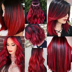 Summer Hairstyles | Summer Hairstyle | Vivid Hair Color Ideas Black Hair Red Extensions, Red Color Hair Highlights, Red Extensions Hair, All Red Hair, Red Hair Extensions Clip In, Blood Red Hair Color, Long Hair Bridal Styles, Red Halo Hair, Long Hair Bridal