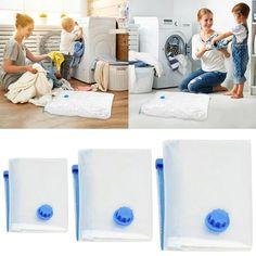 three pictures of children playing with clothes in front of washer and dryer machines