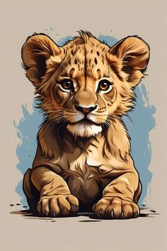 a painting of a baby cheetah sitting on the ground with its eyes open