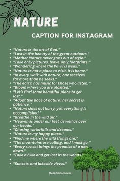 a green poster with some trees on it and the words nature caption for instagramm