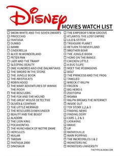 the disney movies watch list is shown in red and black with words that read,