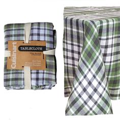 the tablecloth is green and white with a brown tag on it's side