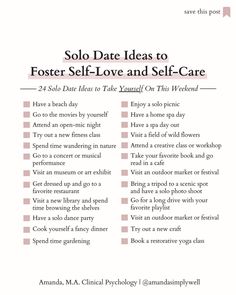 Self Care List, Solo Date Ideas, Feel Your Feelings, Solo Date, Tips To Be Happy, Healing Journaling, Self Appreciation, Practicing Self Love, Cute Date Ideas