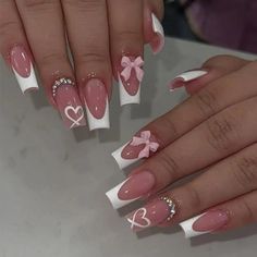 24 Pcs French Tip Press On Nails With Charms Medium Fake Nails White French Nails Press Ons Cute Bow Stick On Nails Long Square Shape Acrylic Nails Heart Nails Rhinestones Nails For Women Daily Wear Color Tone: Pink Nail Shape: Square Shape Nail Length: Middle Nail Pattern: Heart Nail Finishes: Glossy Paznokcie Hello Kitty, White French Nails, Fake Nails White, French Acrylic Nails, White Nail