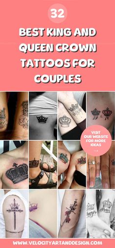 the best king and queen crown tattoos for couples are on display in this postcard