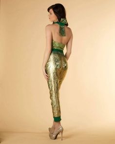 Metallic green and gold print pedal pusher pants and halter top with back obi-style bow. Sample sale - size 4/6 Glamorous Green Evening Pants, Party Fitted Green Pants, Green Fitted Pants For Party, Glamorous Fitted Green Pants, Fitted Green Festive Bottoms, Fitted Green Bottoms For Festive Occasions, Obi Style, Green Cocktail, Pedal Pushers