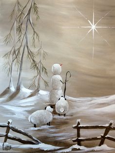 a painting of three snowmen in the snow with a star above them and a fence