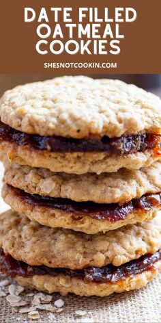 three oatmeal cookies stacked on top of each other with text overlay