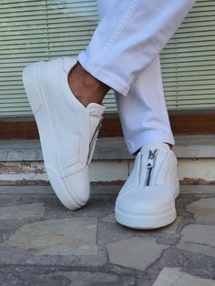 Laughlin White Mid-Top Zipper Sneakers White High-top Sneakers With Zipper, White Shoe, White Shoes Sneakers, Mid Top, Shoe Gifts, Eva Sole, Sneaker Collection, Clothing Styles, Up Shoes