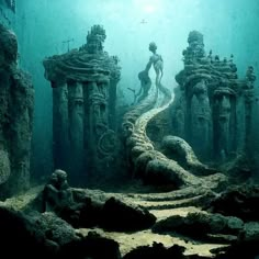 an underwater scene with statues and stairs