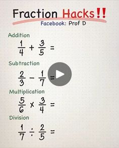 a screen shot of fraction hacks with the words addition, subtraction, and division