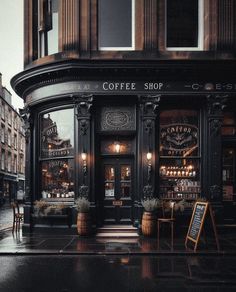 an old fashioned coffee shop on a rainy day