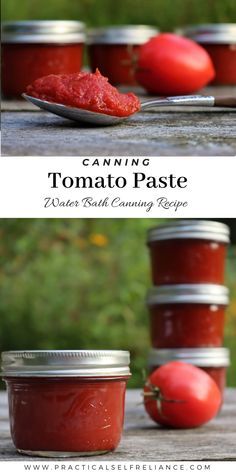 canning tomatoes and tomato paste in jars with text overlay that reads canning tomatoes and tomato paste