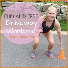 a woman holding an orange cone while standing in front of a sign that says fun and free driveway workout