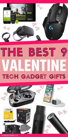 the best 9 valentine tech gadget gifts for him and her in pink with text overlay that reads, the best 9 valentine tech gadget gifts