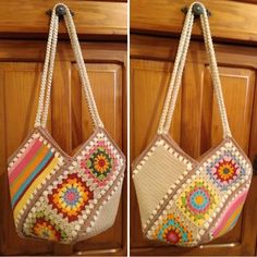 two pictures of the same purse hanging on a door handle, one with multicolored crochet