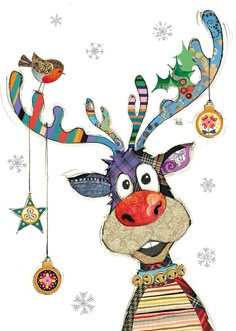 a reindeer with christmas decorations hanging from it's antlers