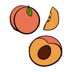 two peaches and one slice are shown in this drawing, with the same fruit on it