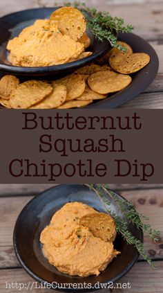 butternut squash chipotle dip with crackers in the middle and on top