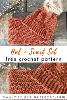 the free crochet hat and scarf set is shown with text that reads, free crochet pattern