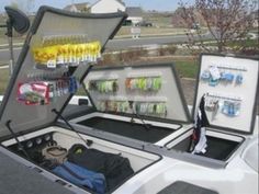 an open car trunk with various items in it