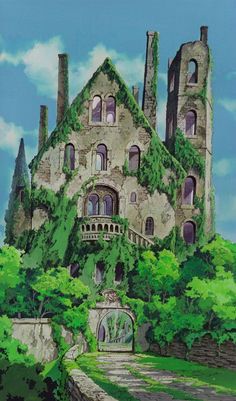 an image of a castle in the air with trees and bushes on it's sides