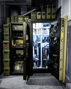 an open storage cabinet filled with lots of items