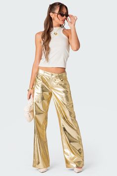 PRODUCT INFO Jeans Loose fit Low rise waist Metallic fabric Faux Leather Model wears size S Model height is 5'8 Item care: Hand wash Best Walking Sandals, Womens Low Rise Jeans, Jeans Loose Fit, Womens White Jeans, Womens Ripped Jeans, Retro Glamour, Metallic Jeans, Best Summer Dresses, Black Jeans Women