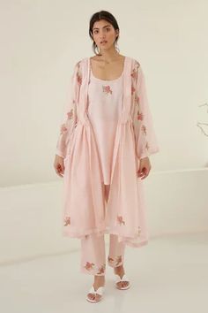 Shop for Cotton and Clay Pink Silk Voile Hand Block Print Kurta Trouser Set for Women Online at Aza Fashions Spring Sets With Dupatta And Front Open Design, Spring Sets With Sheer Dupatta And Long Sleeves, Embroidered Border, Open Sleeve, Print Flower, French Knot, Hand Block Print, The Little Prince, Fabric Silk