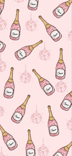 a pink background with champagne bottles and disco balls