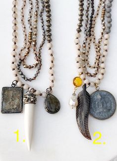 "Three individual necklaces are hand-strung, Metallic and Matte Beads are mixed together in size and color for a beautiful palette of texture and design. To compliment these colors, I've chosen two different Charm Packages: 1. Square Buddha Replica Labradorite Gunmetal Bezel Silver Plated Bone (resin) Tooth OR 2. Replica Buddha Coin Vermeil Bezel Citrine with Freshwater Pearl Carved Horn Feather All six pendants have been very popular on their own when used in other stylings! You can choose to w Cheap Trendy Multi-strand Charm Necklaces, Unique Long Beaded Necklace With Faceted Beads, Bohemian Layering Beaded Necklaces With Faceted Beads, Bohemian Double Strand Necklace With Faceted Beads, Bohemian Double Strand Faceted Beads Necklace, Spiritual Round Beads Crystal Necklaces For Layering, Spiritual Crystal Necklaces With Round Beads For Layering, Bohemian Necklace With Beaded Chain, Bohemian Necklace With Oval Beads