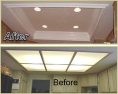 before and after shot of kitchen ceiling with recessed lighting in the center, on top of cabinets