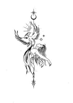 a black and white drawing of two birds flying in the air with stars above them