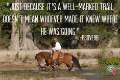 a man riding on the back of a brown horse next to a river with trees